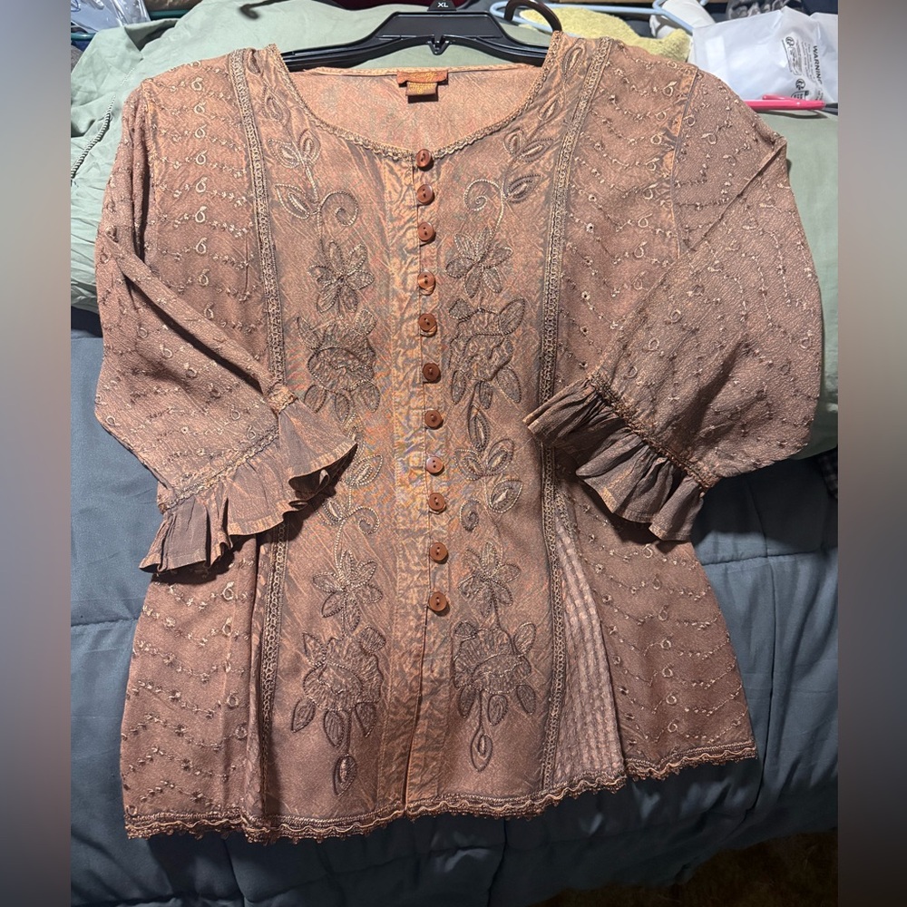 Scully Women's Brown Embroidered Blouse